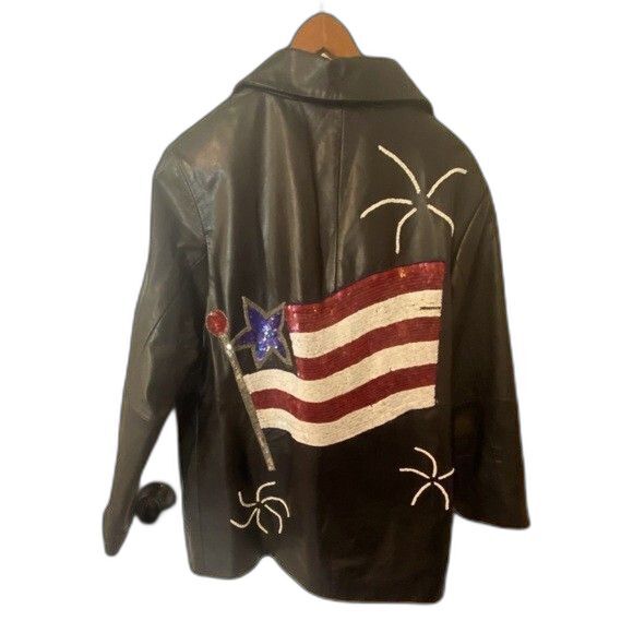 The Quacker Factory Black Leather Patriotic Flag Jacket Sequins Size Large - Picture 2 of 3